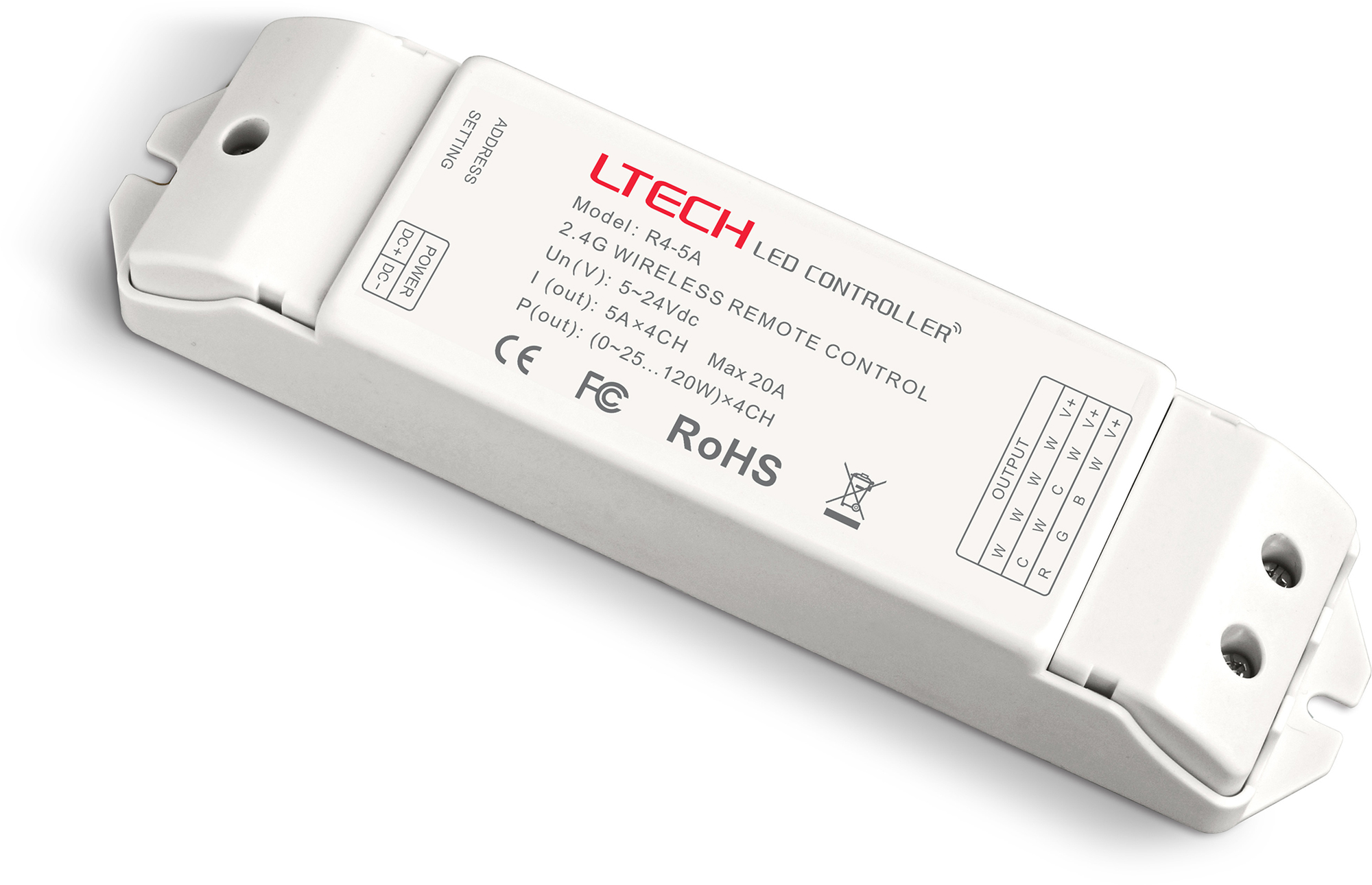 RF 2.4GHz Wireless Receiver CV 5/12/24V DC 5Ax4CH 100/240/480W, Support Wi-Fi 104, DX5 or DX8, IP44.